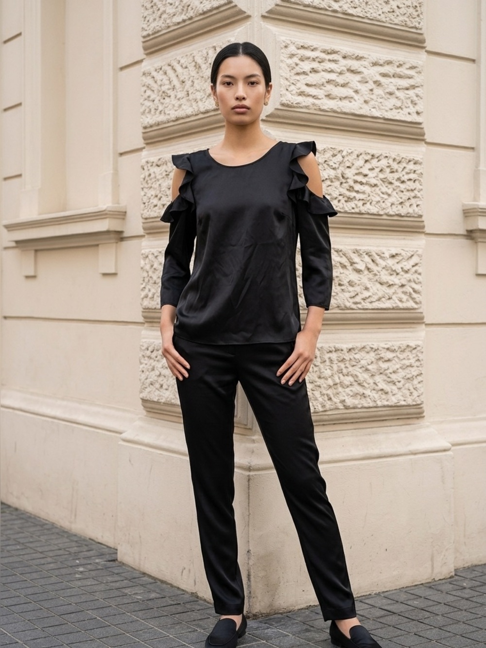 Satin Cold-Shoulder Blouse with Ruffle Sleeves - Black